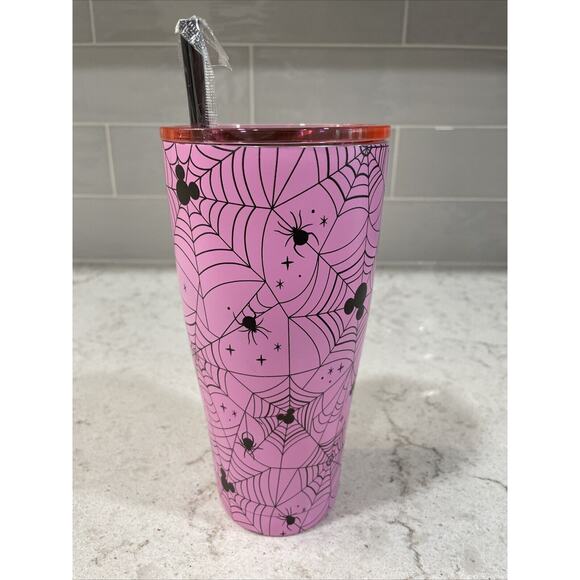 MICKEY MOUSE Disney Pink Black Spider Web Steel Tumbler 30oz Cup Straw Halloween - Picture 1 of 3